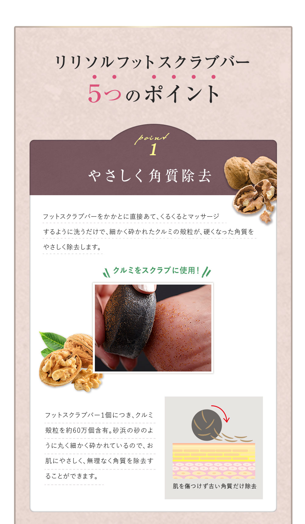 リリソルフットスクラブバー　5つのポイント　ポイント1　やさしく角質除去