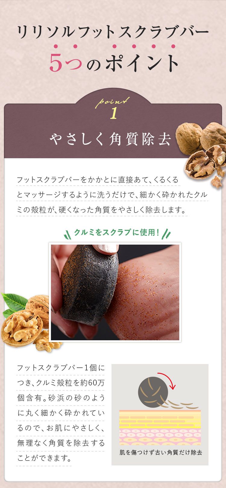 リリソルフットスクラブバー　5つのポイント　ポイント1　やさしく角質除去